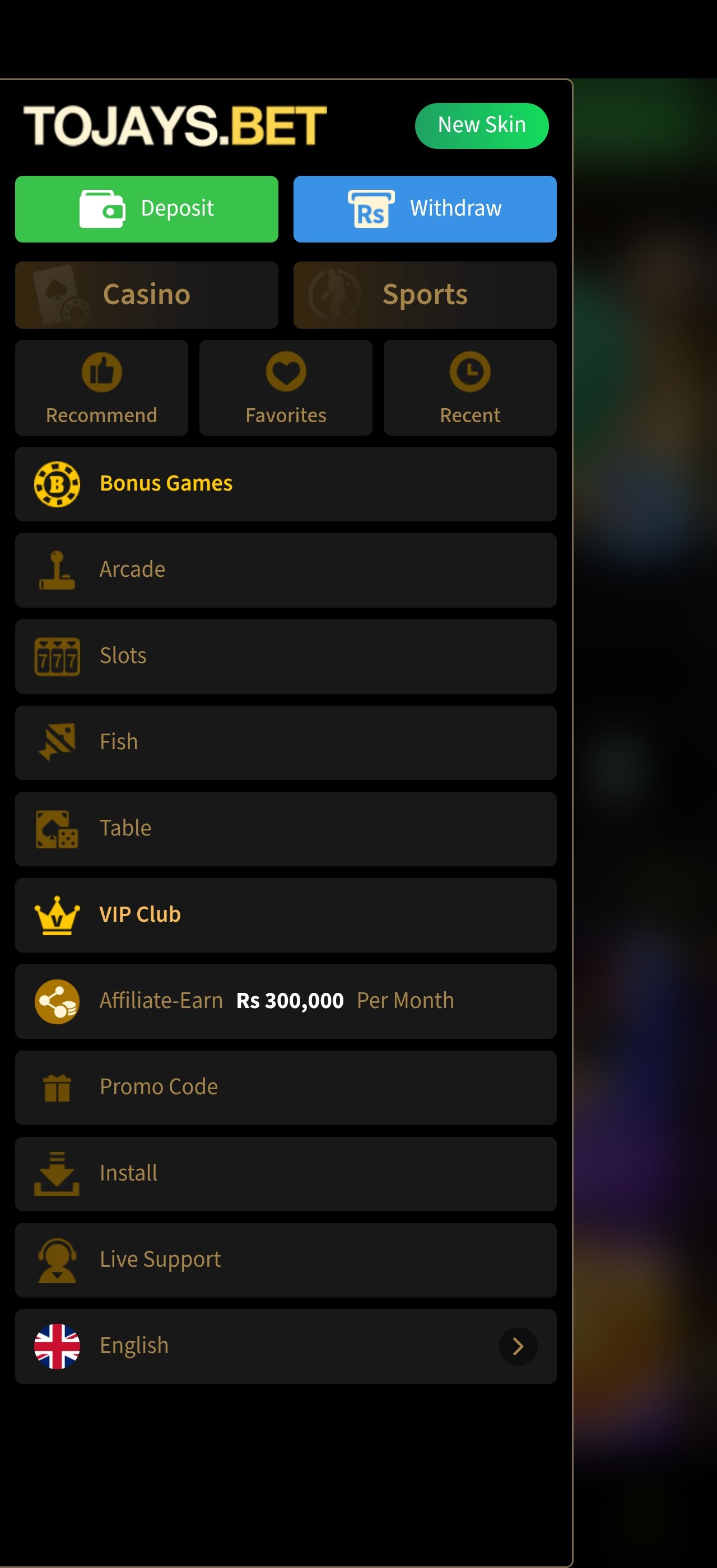 2J Game side menu with deposit, withdraw, VIP club and install options