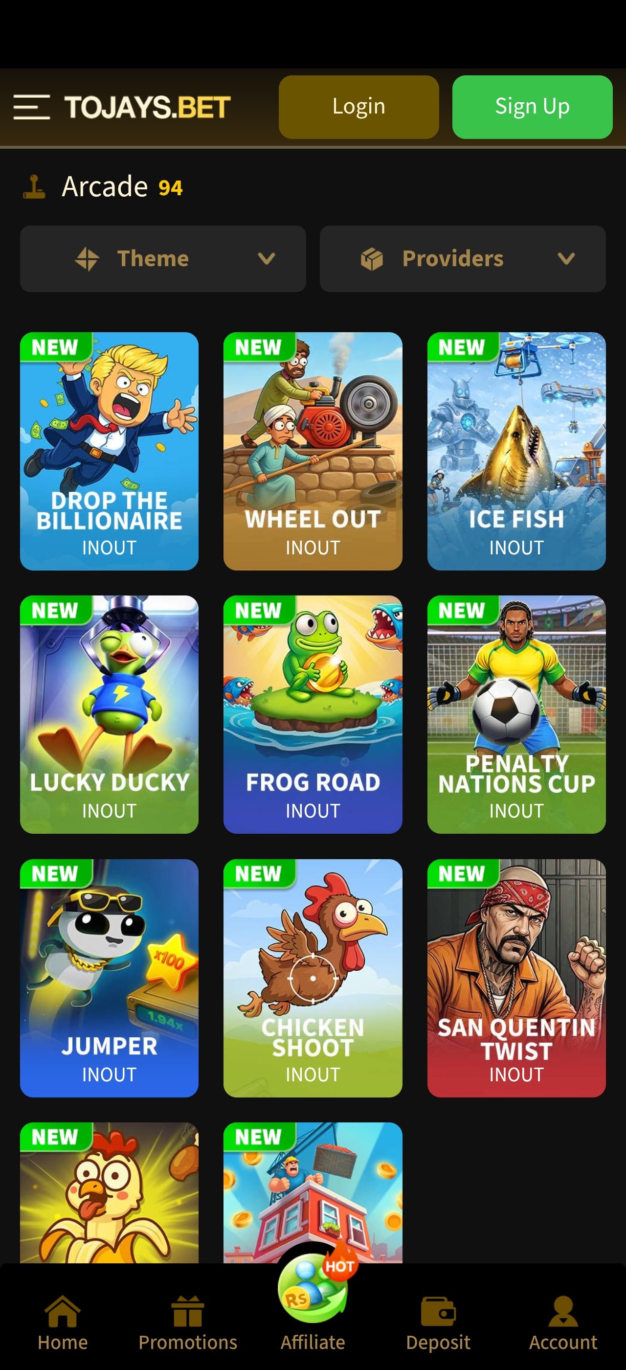 2J app game grid showing slot thumbnails and provider labels